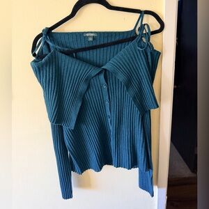 wild fable Teal Ribbed Cold-Shoulder Button Cardigan